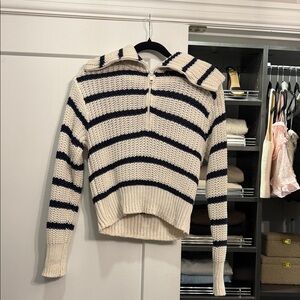 American Eagle Outfitters Cream & Navy Striped Half-Zip Sweater